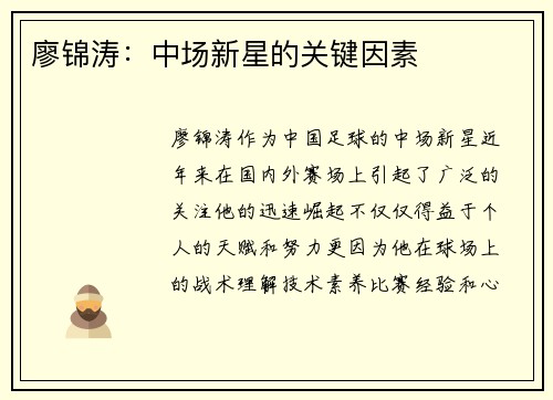 廖锦涛:中场新星的关键因素 廖锦涛:中场新星的关键因素