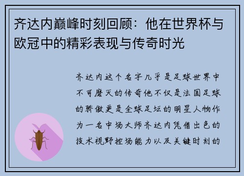 齐达内巅峰时刻回顾：他在世界杯与欧冠中的精彩表现与传奇时光